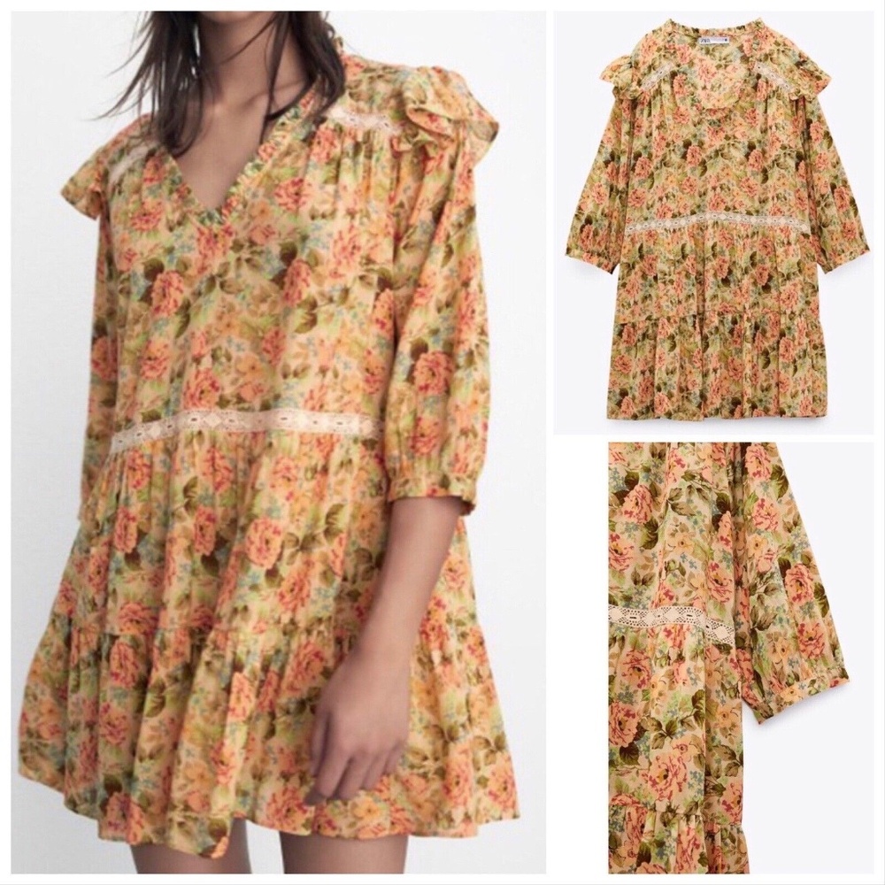 Zara peasant warm colours floral ruffles and lace low wasted mini dress NWT
